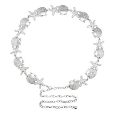 Imagem de Linkidea Cinto de corrente para mulheres, estrela do mar de concha prateada com cinto de pérolas pequenas falsas, corrente de corpo grosso ajustável de 128 cm para vestidos, festa, roupa casual