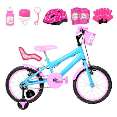 Imagem de Bicicleta Aro 16 Alumínio + Kit Premium Azul Claro E Rosa
