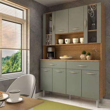 Imagem de Armário de Cozinha Kit 8 Portas 2 Gavetas com Vidro Freijó/Gris - Pano
