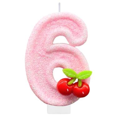 Imagem de Velas de aniversário de cereja, número 6, vela para bolo, decoração de festa de aniversário, enfeite de bolo, enfeite de cupcake para decoração de festa