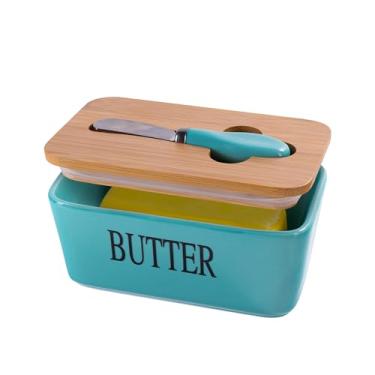 Imagem de QIANCHANG Manteigueira Grande Com Tampa, Para Bancada, Bandeja Selada De Silicone Alta Qualidade, Recipiente Cerâmica Faca Aço Inoxidável, Decoração Cozinha, Presente Azul