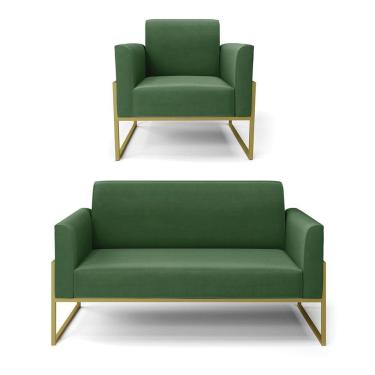 Imagem de Sofá Namoradeira Com Poltrona Base Industrial Alta Dourado Marisa Suede D03 - D\'rossi Cor Verde