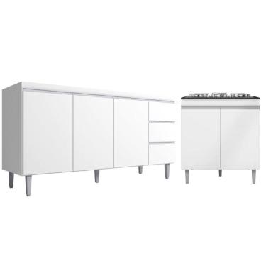 Imagem de Kit Balcão Gabinete Para Pia Andreia 150cm C- Balcão Cooktop 4 Ou 5 Bocas Branco