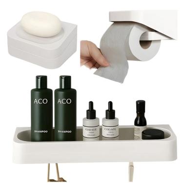 Imagem de Kit Banheiro 3pç Saboneteira + Papeleira + Porta Shampoo Com Adesivo Bege - Eleve Ou