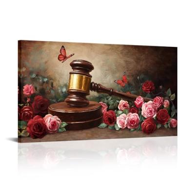 Imagem de Saypeacher Arte de parede em tela com tema jurídico com rosas e borboletas decoração de escritório de advogado (vermelho)