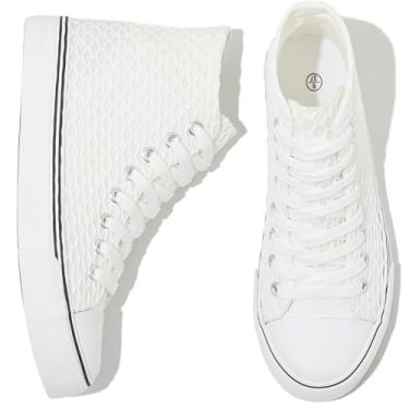 Imagem de Adokoo Tênis de cano alto feminino, branco, preto, lona, tênis, cadarço moderno, confortável, tênis de caminhada, Branco, 36