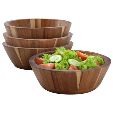 Imagem de Elama Conjunto de 4 tigelas de salada de madeira de acácia, tigela de jantar, tigela de servir, conjunto de louça de madeira natural (17 cm escuro)
