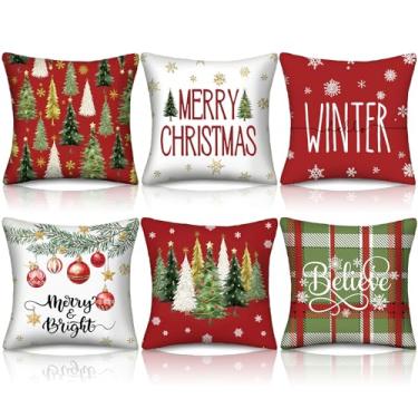 Imagem de HunnmingRe 6 conjuntos de capas de almofada de inverno em aquarela de Natal 45,7 x 45,7 cm para decoração sazonal decorativa ao ar livre para sofá, varanda, casa de fazenda (vermelho)