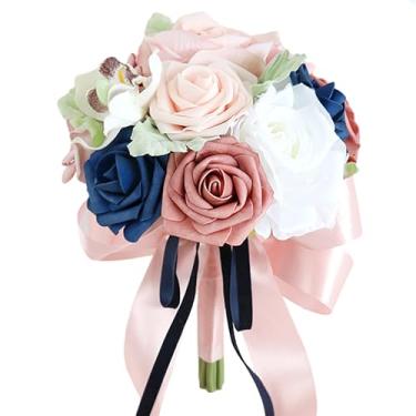 Imagem de Emivery Buquê de dama de honra para casamento, rosa empoeirado e flores azul-marinho, buquê de casamento para cerimônia de casamento, aniversário, decoração de festa de chá de panela