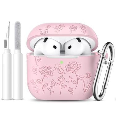 Imagem de Dgege Capa para AirPods 4 (2024), linda capa de flor gravada compatível com Apple Airpods 4, capa protetora completa de silicone macio para AirPods 4 com chaveiro e kit de limpeza para mulheres