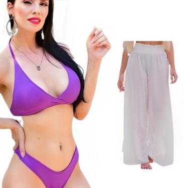 Imagem de Biquini + Saída De Praia Calça Tule Moda Praia Kit Conjunto - Look Dre