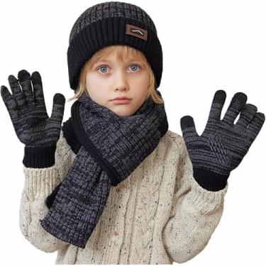 Imagem de Conjunto De Gorro De Inverno Para Crianças, Chapéu, Cachecol Para Meninas E Meninos De 4 A 10 Anos, Black