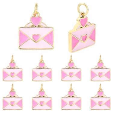 Imagem de Beebeecraft 1 caixa com 10 berloques de envelope para fabricação de joias, latão banhado a ouro 18 K, rosa, esmaltado, coração, carta de amor, pingentes para artesanato faça você mesmo, dia dos