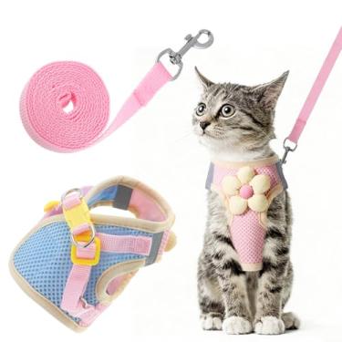 Imagem de Peitoral e coleira para gatos pequenos, peitoral ajustável para caminhada para gatos com tiras refletivas, arnês de malha respirável para gatinhos e coleira à prova de fuga para coelhinho (rosa, PP)