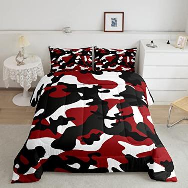 Imagem de Feelyou Conjunto de edredom camuflado para crianças, meninos, militares, camuflagem, para meninas, adolescentes, homens, decoração de arte colorida, preto, vermelho e branco, colcha com 2 fronhas, 3