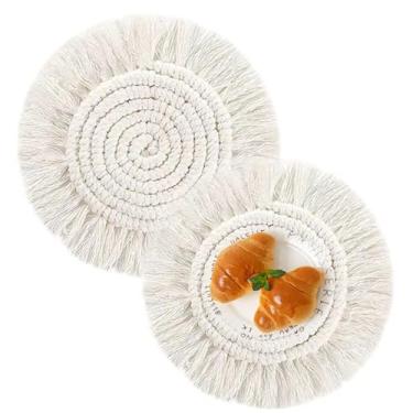 Imagem de 2 peças de suporte de panela, macramê, feito à mão, algodão, tecido, boho, borlas, tapetes de mesa, copos, pratos quentes, jogos americanos redondos trançados para mesa, mesa, cozinha, sala de jantar