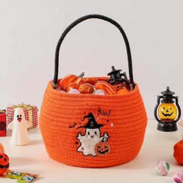 Imagem de Cestas de Halloween personalizadas para crianças, baldes de doces ou travessuras de algodão com corda de algodão bordado, balde de doces de Halloween, cesta de abóbora para meninos/meninas, sacolas de