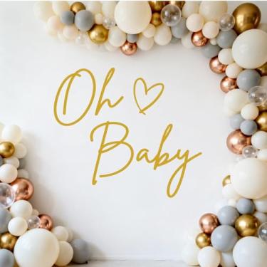 Imagem de Sinal de bebê para pano de fundo - Decalque de sinal de bebê Ohmique Oh para arco de balão, decalque de decoração de fundo de festa de revelação de gênero neutro, adesivos de parede para decoração de