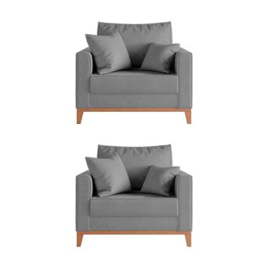 Imagem de Kit 2 Poltronas Beny Amamentação com 2 Almofadas Base em Madeira Maciça Tecido Linho Cinza