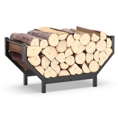 Imagem de Peyulia Rack de lenha para ambientes internos e externos, rack de madeira para lareira de metal à prova de ferrugem, suporte de lenha curvado, suporte de lenha resistente, preto