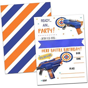 Imagem de Cartões de convites de festa de aniversário, festa de guerra de dardo, artigos de festa de aniversário de batalha Nerf Blaster, lembrancinhas, 20 cartões com 20 envelopes – (B02)