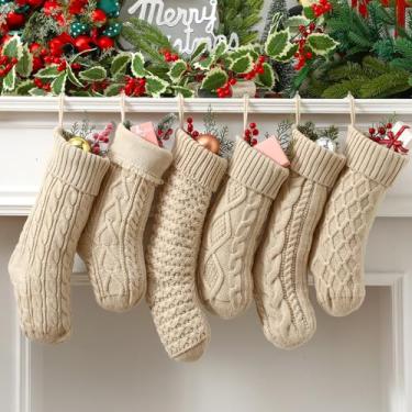 Imagem de Chicingyou 6 peças de meias de Natal tricotadas para casa de fazenda para lareira rústica decoração de férias meias de malha boho feitas à mão para decoração de casa de árvore de cornija (creme)
