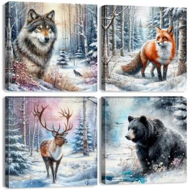 Imagem de Arte de parede de animais da floresta de inverno rústico floresta lobo urso decoração de parede paisagem montanha neve alce imagens para sala de estar quarto fazenda natal pôster arte banheiro