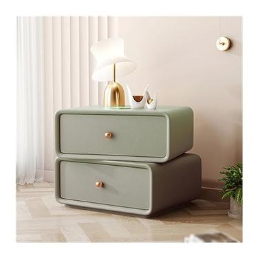 Imagem de Mesa de cabeceira toda de madeira maciça gavetas de armazenamento duplo giratórias mesa de cabeceira moderna simples cor sólida móveis de cabeceira quarto mesa de cabeceira de canto redondo (cor