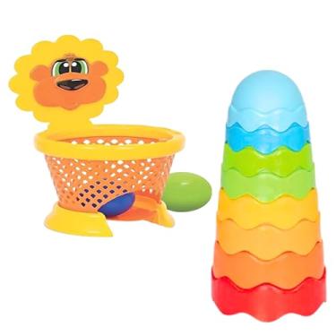 Imagem de Kit Brinquedos Torre Empilhar Encaixar Colorido Basquete Educativo Interativo Pedagógico Atividades para Bebês 6 Meses a 2 Anos Estimula Desenvolvimento
