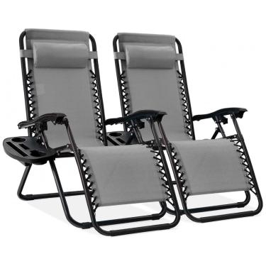 Imagem de Cadeiras de Praia Zero Gravity Ajustáveis em Conjunto de 2, Malha de Aço - Cinza Gelo, com Almofadas e Suporte,Best Choice Products