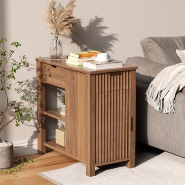 Imagem de HSSZXFR Mesa de canto com estação de carregamento, mesa de cabeceira de 61 cm com estação de carregamento, mesa lateral vintage com sofá, mesa lateral de madeira e tomadas, mesa de cabeceira para sala