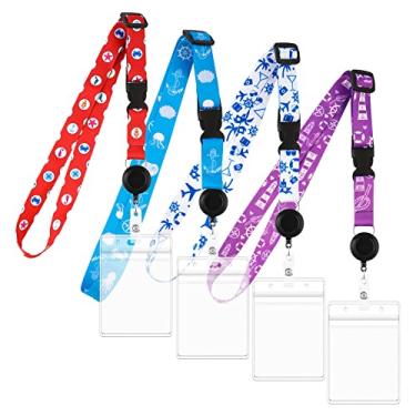 Imagem de Cordão de cruzeiro para cartões de navio, pacote com 4 cordões ajustáveis de cruzeiro com suporte de identidade, cordão retrátil à prova d'água para cruzeiro de carnaval com crachá de identificação