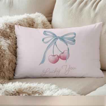 Imagem de Capas de travesseiro rosa Lucky You Cherry da moda 30,5 x 50, decoração de quarto infantil, decoração de quarto feminino, laços femininos azuis, capas de almofada lombar estéticas para casa