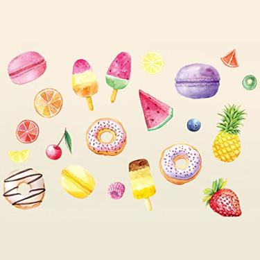 Imagem de Adesivo de parede de 24 peças de sorvete de rosquinhas adesivos de parede coloridos de frutas macaron sobremesa picolé decalques para sala de estar quarto geladeira decoração