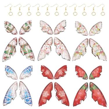 Imagem de 6 pares de kits de brincos pendentes de asa de resina de Natal borboleta inseto libélula pingente de asa de floco de neve padrão de veado com ganchos de brinco e anéis de salto para fabricação de