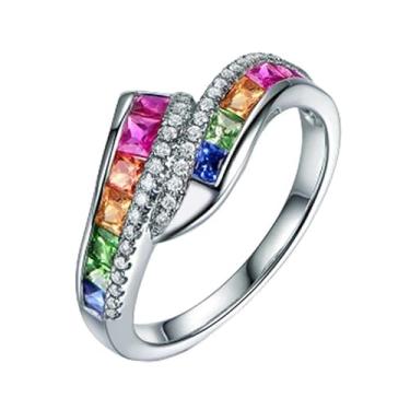 Imagem de Anéis de noivado requintados banhados a ouro branco com zircônia cúbica multicolorida, anéis de compromisso, festas noturnas, presentes de dia dos namorados, alianças de eternidade para mulheres, 8