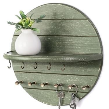 Imagem de Rebee Vision Suporte de parede de madeira de pinho para decoração de casa de fazenda e boho, organizador de chaves e correspondências com prateleira e 11 ganchos, organizador decorativo de parede para