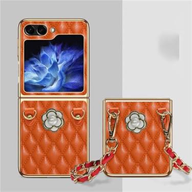 Imagem de Luxo cortex diamante treliça 3d camélia capa de corrente de couro portátil para samsung galaxy z flip3 5g z flip4 zflip5 capa, c, para z flip 4