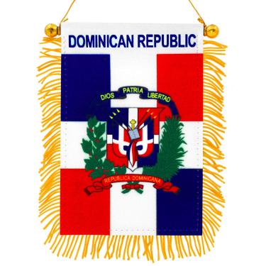 Imagem de Anley Bandeira para pendurar na janela da República Dominicana de 10 x 15 cm - Mini bandeira e decoração de espelho retrovisor de carro - Franja e dupla face - Bandeira dominicana pendurada com