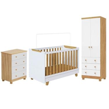 Imagem de Quarto de Bebê com Guarda-roupa 2 Portas Cômoda e Berço 4 Em1 Minicama 100% Mdf Mike Espresso Móveis Branco Brilho/Amêndoa
