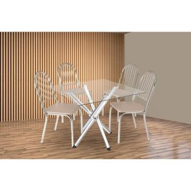 Imagem de Conjunto: Mesa Sala Jantar Volga C- Tampo De Vidro 90cm E 4 Cadeiras Noruega Cromada - Courano Bege - Kappesberg