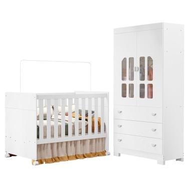 Imagem de Jogo De Quarto Infantil New Katatau Guarda Roupa E Berço Mini Cama Branco Fosco - Reller Móveis Branco Fosco