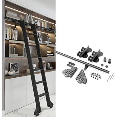 Imagem de Kit de porta de celeiro deslizante preta de 1 a 6 m, biblioteca de escada deslizante, conjunto completo de trilhos com rodízios de piso (sem escada), trilho de escada rolante de tubo redondo de aço