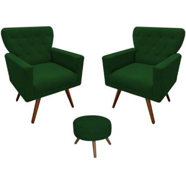 Imagem de Kit 2 Poltronas Decorativa Aurora + 1 Puff Redondo Suede Verde Pés Mad
