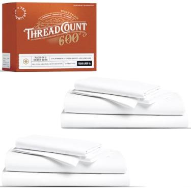 Imagem de TEXAS LINEN CO. Conjunto de lençóis King 100% algodão egípcio pacote com 2 lençóis de luxo de 600 fios de algodão egípcio King Size (8 peças, branco), macio, refrescante, 40,6 cm com bolso profundo de