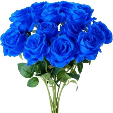 Imagem de TFSWUFI Flores artificiais Blue Roses, 15 peças, rosas falsas de seda com hastes longas, rosa sintética para centros de mesa de casamento, decoração de casa, arranjos florais internos, decoração de