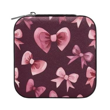 Imagem de SEHANY Caixa de joias personalizada com laço rosa para mulheres, meninas, mini estojo de joias de couro PU, organizador de joias de viagem, caixa de joias para brincos, anéis, colares, presentes para