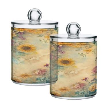 Imagem de ATTX Dispensador de flores coloridas vintage para bola de algodão, cotonete, frasco de boticário de plástico transparente, pote de armazenamento de cozinha para decoração de casa, pacote com 2 (347)