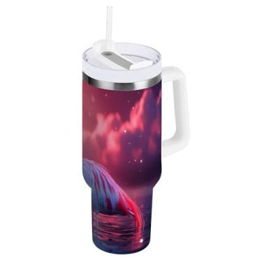 Imagem de WELLDAY Copo de 1,134 g com alça e tampa de canudo | Caneca de viagem reutilizável com isolamento de flamingo ao anoitecer, garrafa de água de aço inoxidável, mantém frio por 34 horas ou quente por 10