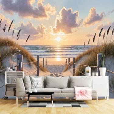 Imagem de Murais de parede de tamanho personalizado, tecido de parede autoadesivo de praia pôr do sol (sem PVC) Papel de parede grande removível para sala de estar, quarto, escritório
